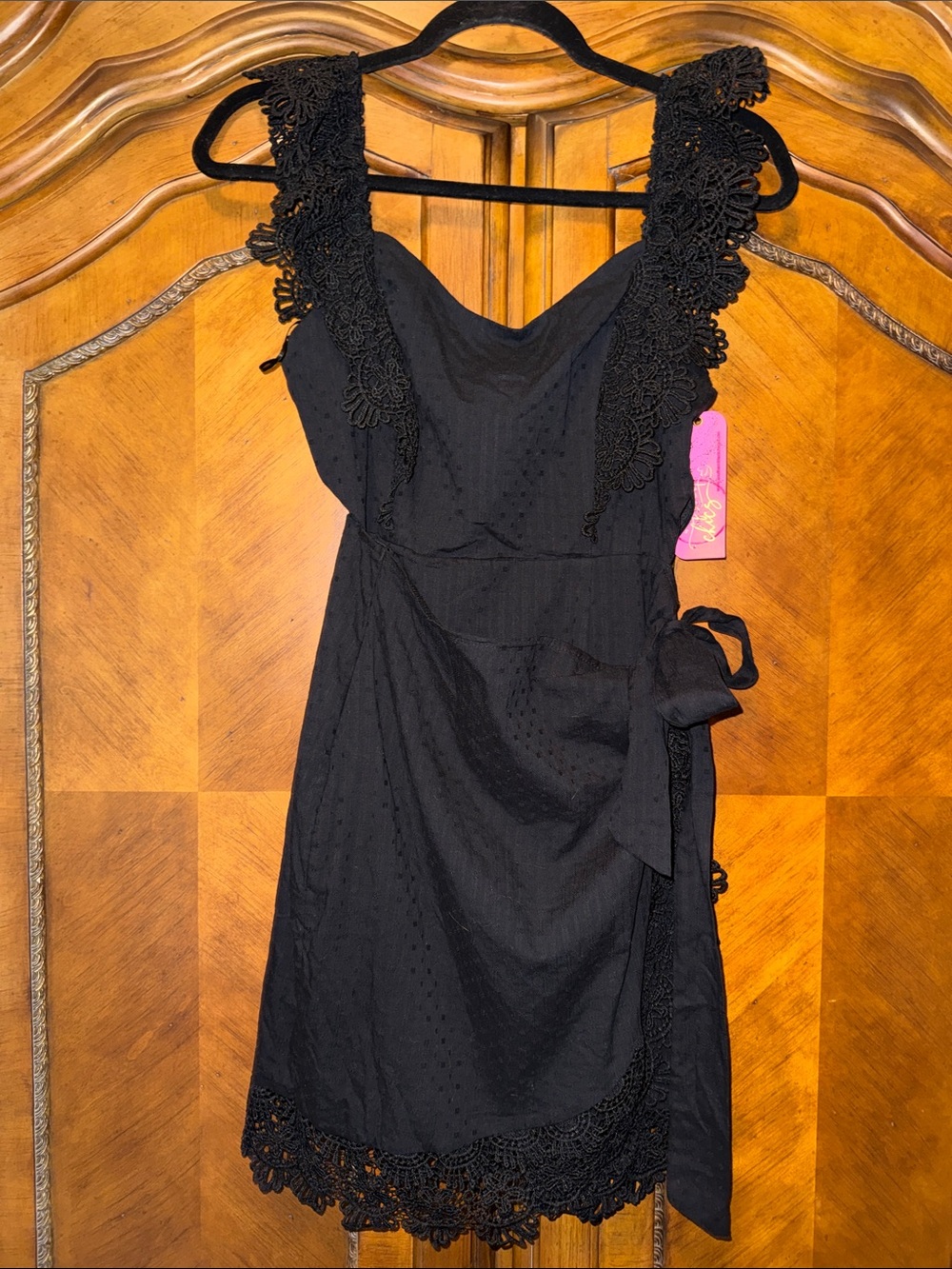 Elegant Black Lace-Trim Wrap Dress